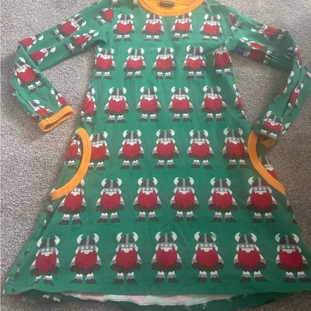 Maxomorra Green and Red Viking Print Dress Sz 110/116cm